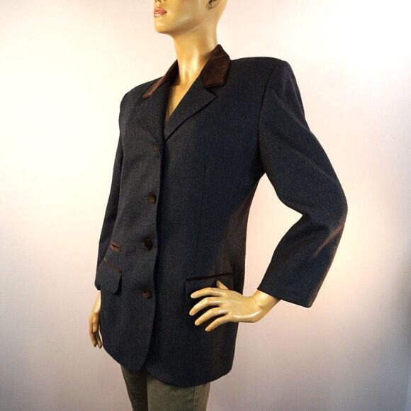 Brooks Brothers Women Jacket Sz 10 Gray Worsted Wool USA Made Brown Velvet Trim - Picture 3 of 9